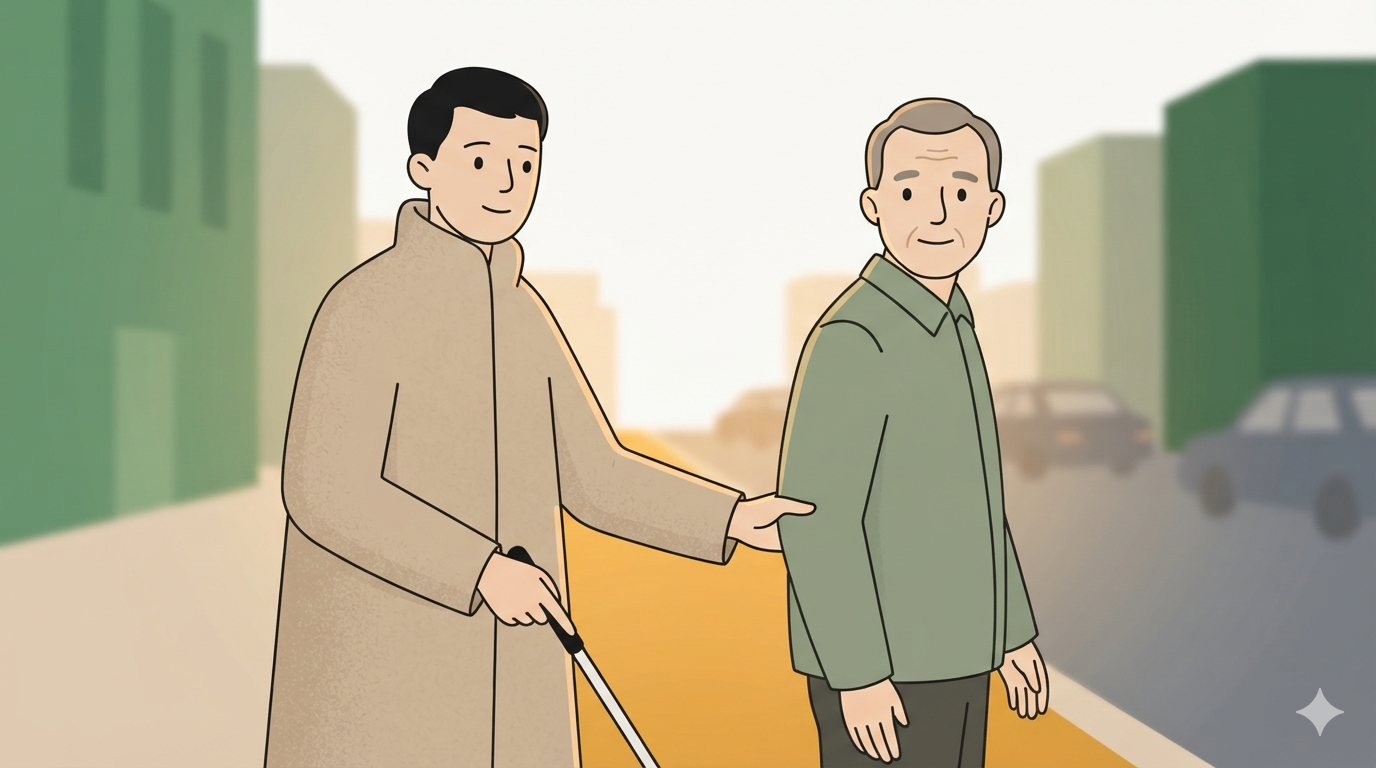 A blind man with a white cane holds onto a stranger's arm on a city street.