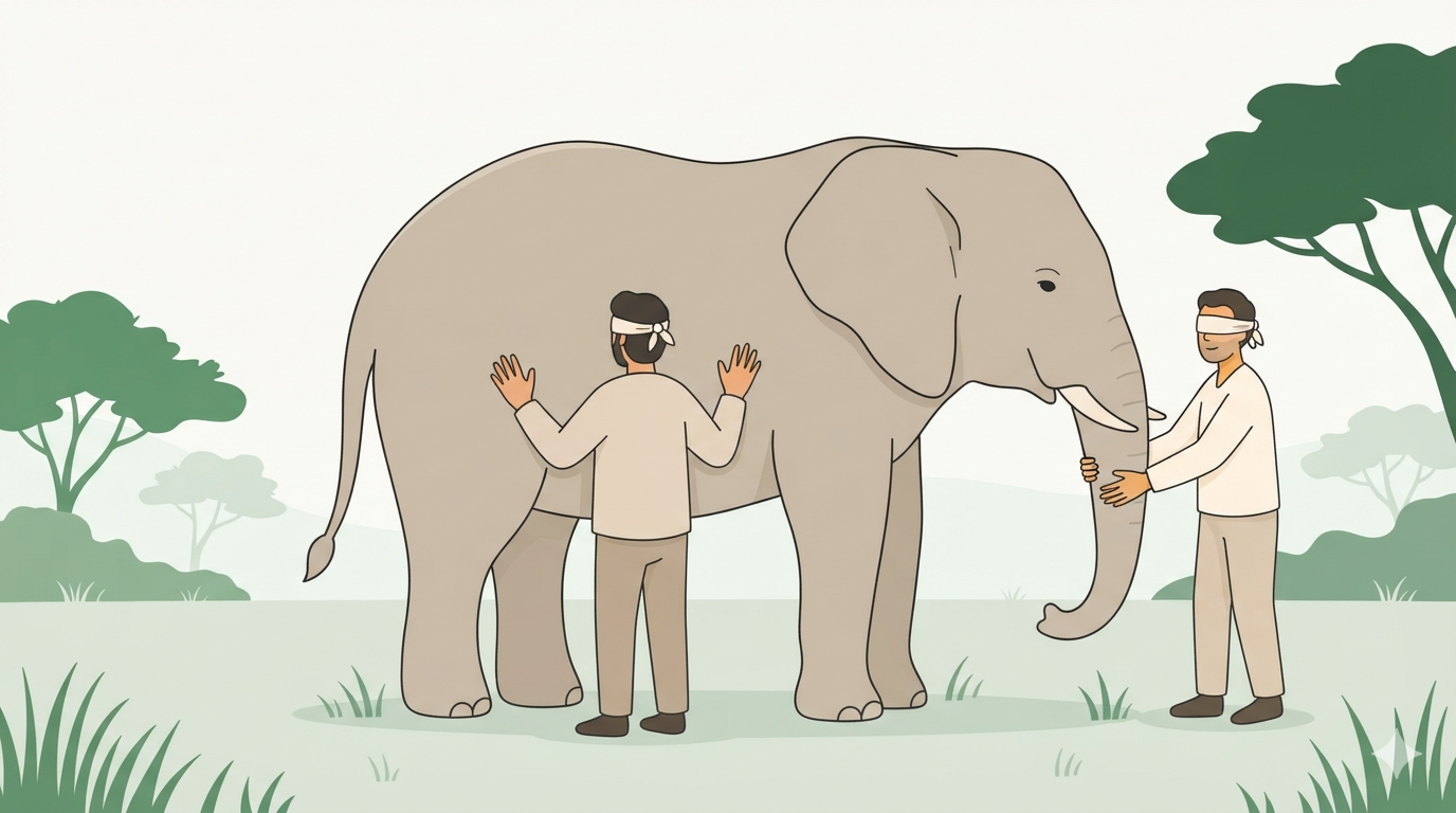 Two blindfolded men touch an elephant with their hands — one its side, the other its trunk.