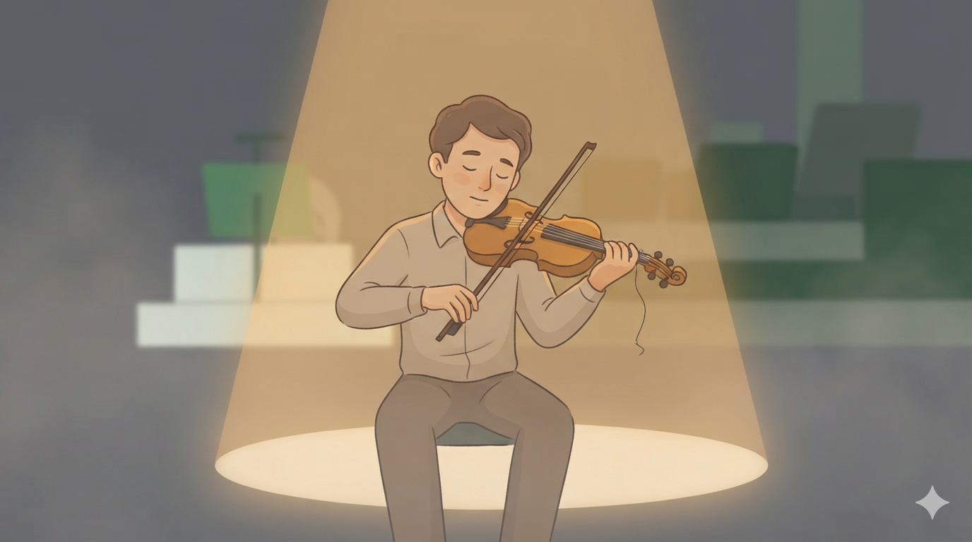 A violinist plays with eyes closed under a stage light, one string hanging broken from the violin