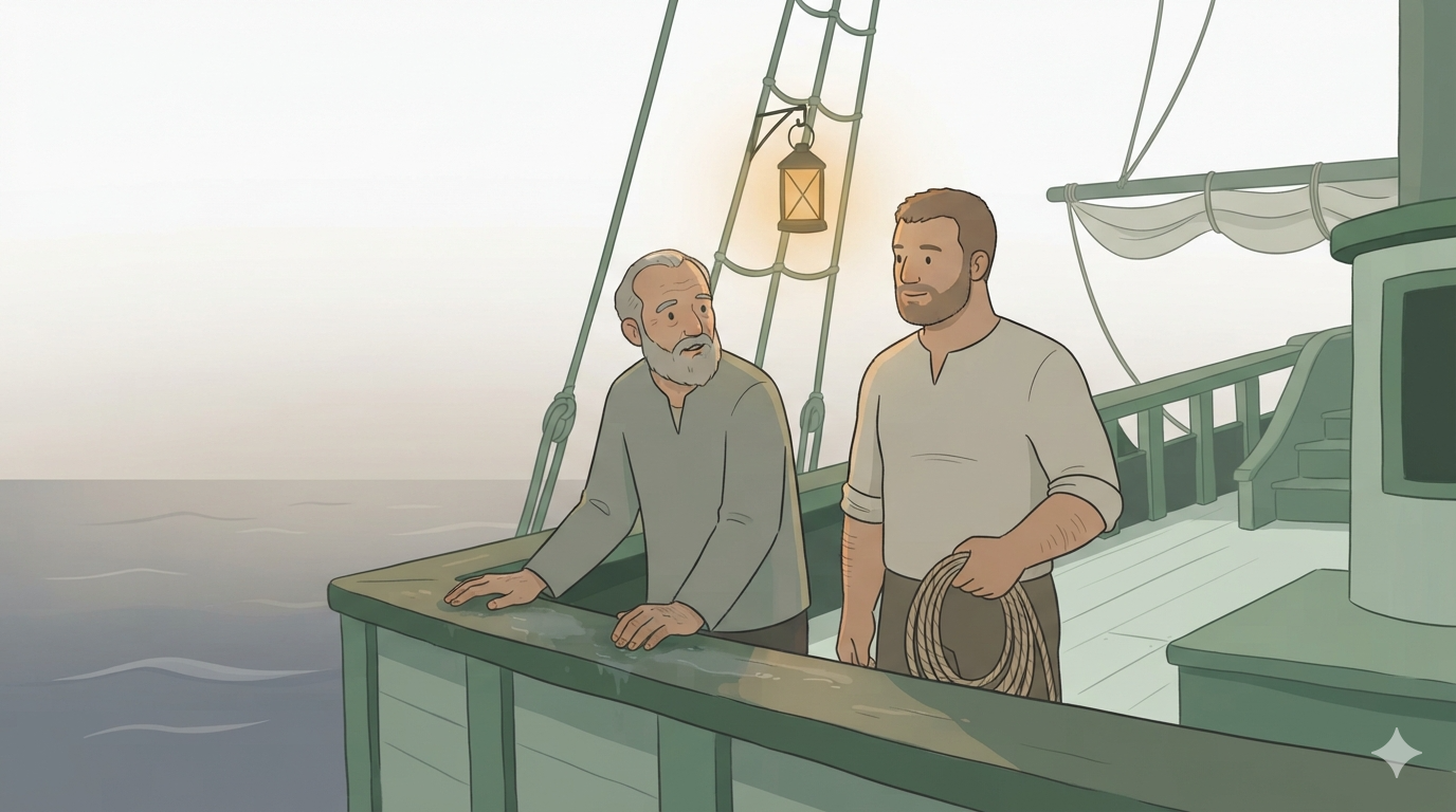 A captain speaks with his adult first mate at the ship's rail, a lantern lighting both faces.