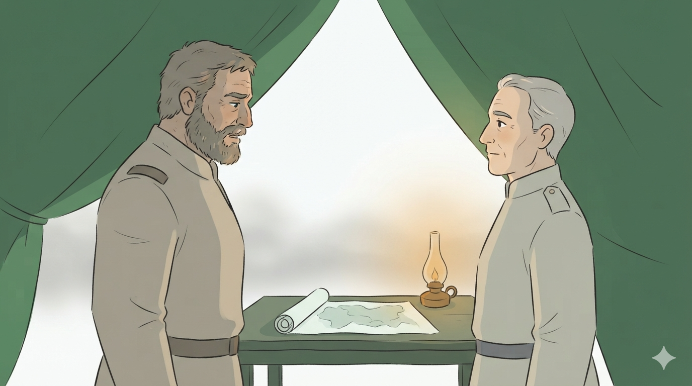 An older general faces a bearded officer at a table with a map and lamp inside a tent.