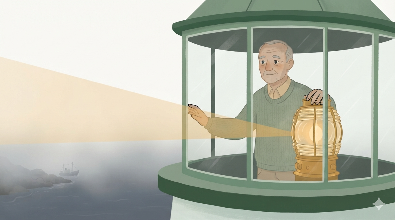 An older lighthouse keeper stands alone by his lit lamp, gazing out to sea toward a distant ship in fog.
