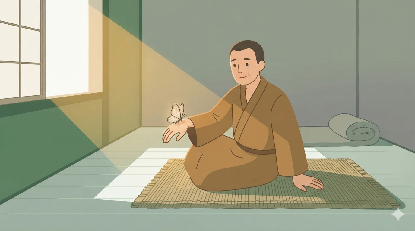 A man sits on a mat at dawn, a butterfly resting on his hand, his face calm and quietly puzzled.