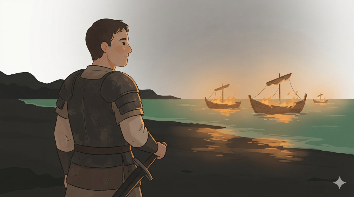 A commander in armor stands on a beach at dusk watching his ships burn on the water