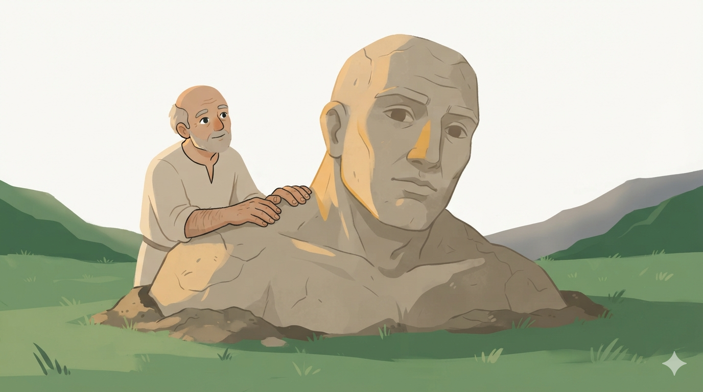 An old sculptor rests a hand on a huge half-buried stone giant emerging from a grassy field.