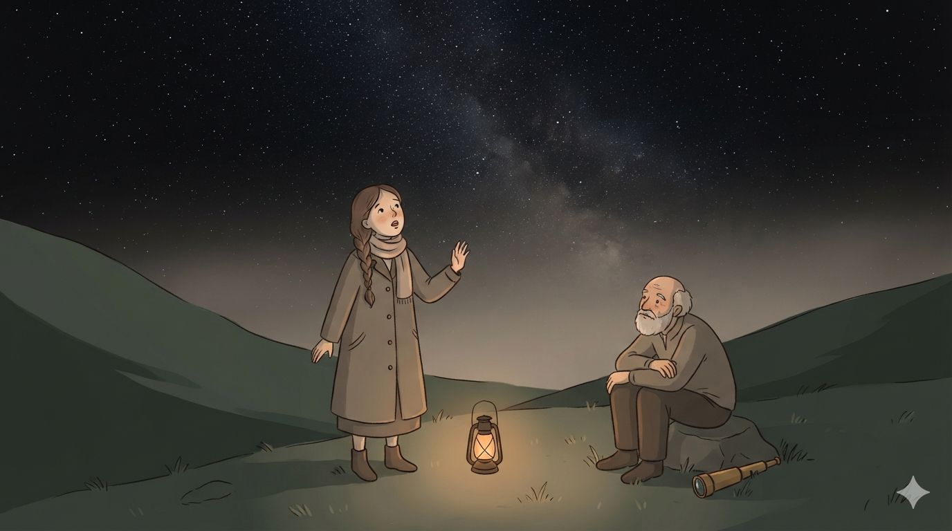 A woman looks up at a starry night sky with the Milky Way, an old man with a telescope sits nearby on a rock.