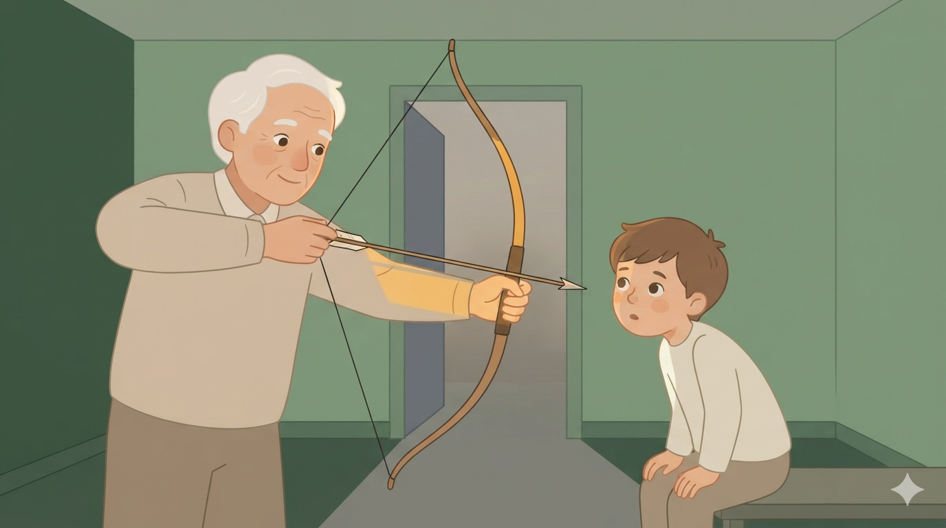 A teacher draws a bow to full tension while a seated young student watches the taut string.