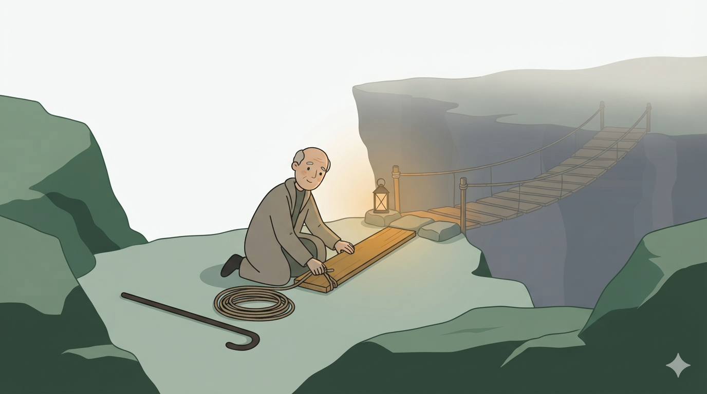 An old man lashes a plank to an unfinished rope bridge over a chasm, a lantern and staff beside him.