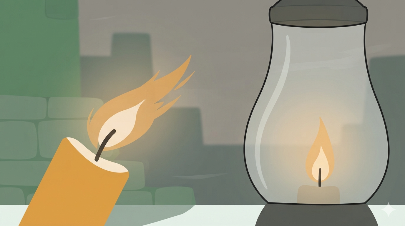 An open candle fights against the wind on the left, a steady lantern with curved glass on the right.