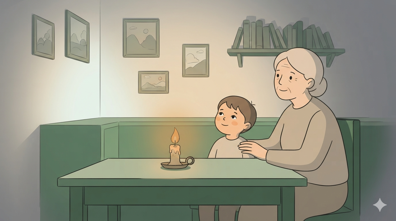 A grandmother sits with a child at a table as a candle burns almost to its base, the child looks up at framed pictures on the wall.