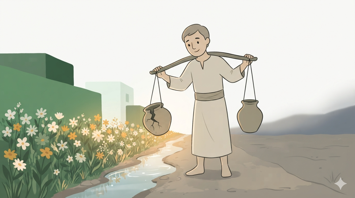 A water bearer smiles at a cracked leaking pot on his yoke; wildflowers bloom along the wet side of the path, the other side bare.
