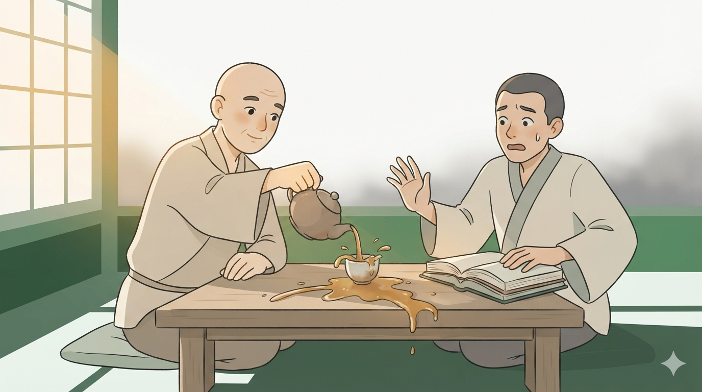 A Zen master pours tea into an overflowing cup as a startled scholar reaches out to stop him, books stacked nearby.
