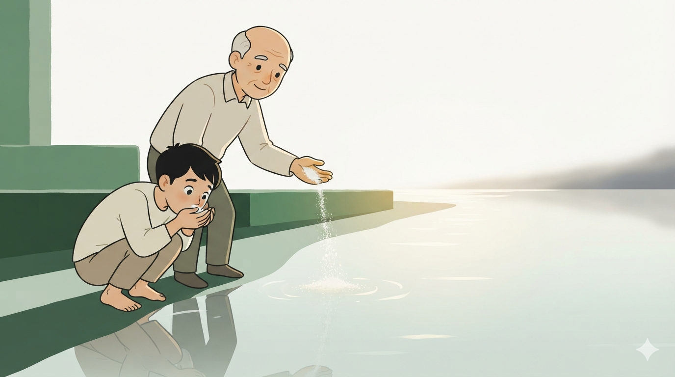 An old teacher pours salt into a vast lake as a young man kneels at the water's edge to drink.