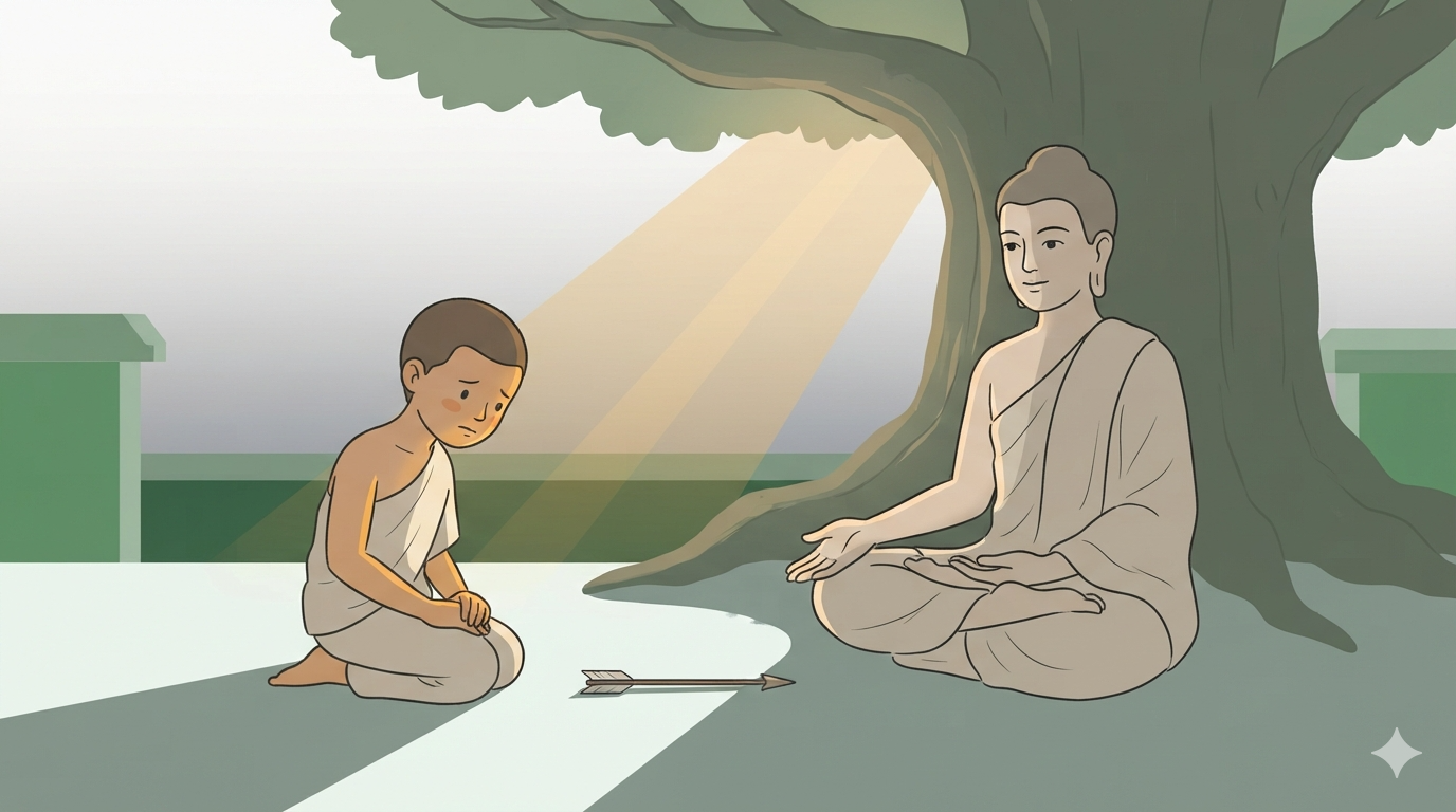 The Buddha speaks to a kneeling student beneath a tree at dusk, a single arrow resting on the ground between them.