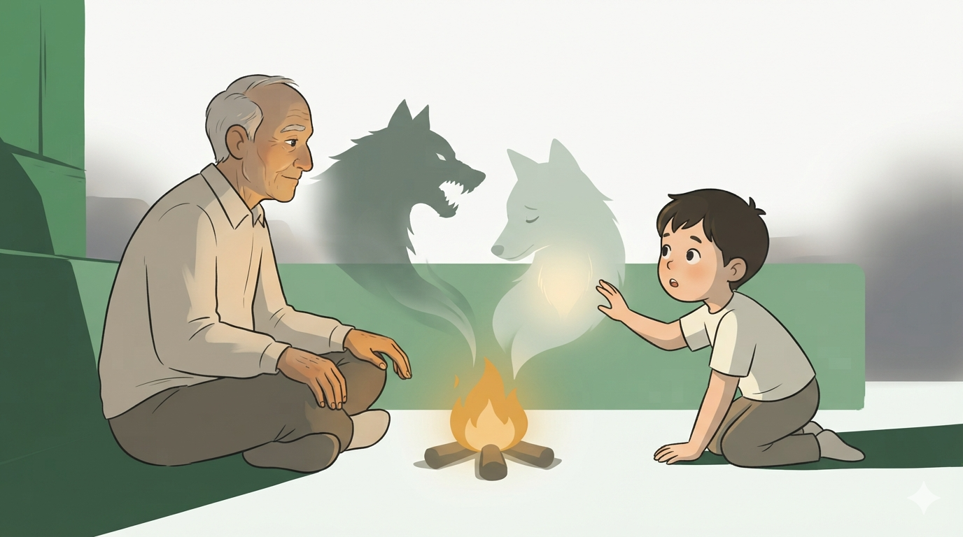 A grandfather and grandson sit by a campfire as two wolf spirits — one snarling, one calm — rise from the flames between them.