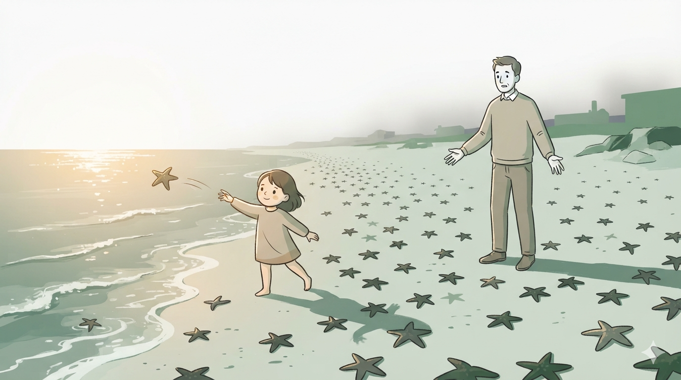 A child throws a starfish toward the waves as a man stands behind on a beach covered with stranded starfish.