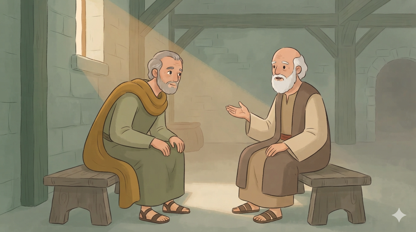 An attentive king leans toward a white-bearded elder who speaks to him in a quiet stone hall.