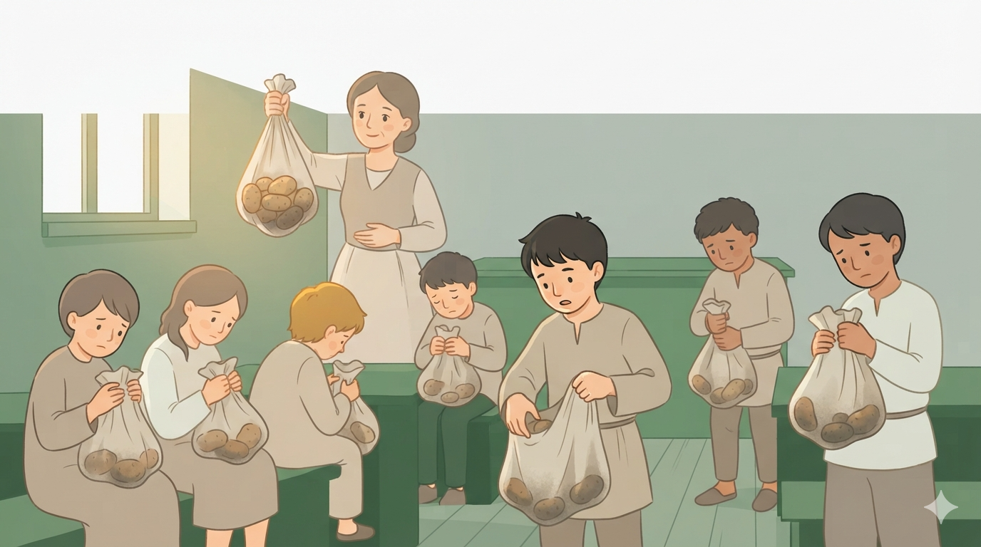 A teacher holds up a heavy bag of potatoes before weary students clutching their own sagging bags.