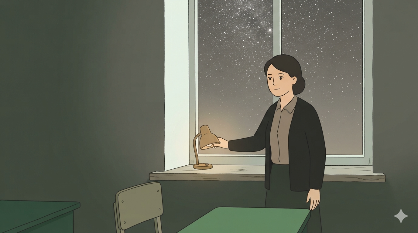 A woman by a classroom window has just switched off a desk lamp, a starry night sky beyond the glass.