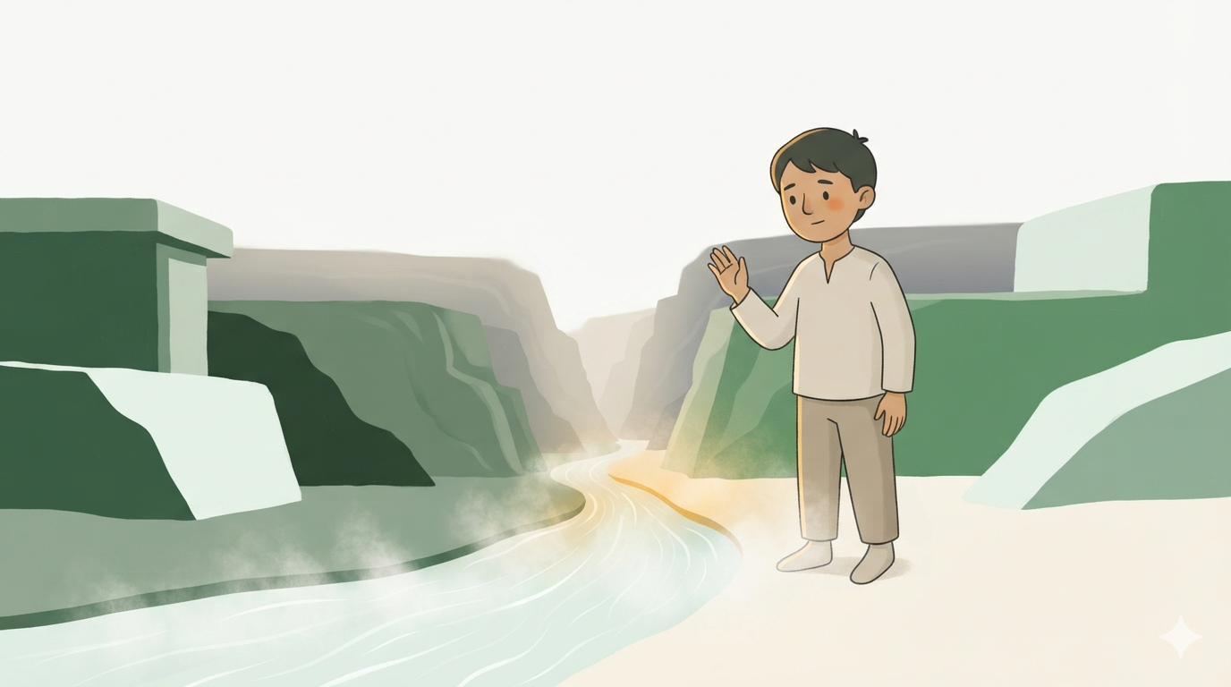 A young traveler stands where a mountain stream thins into desert sand, mist rising in warm light.