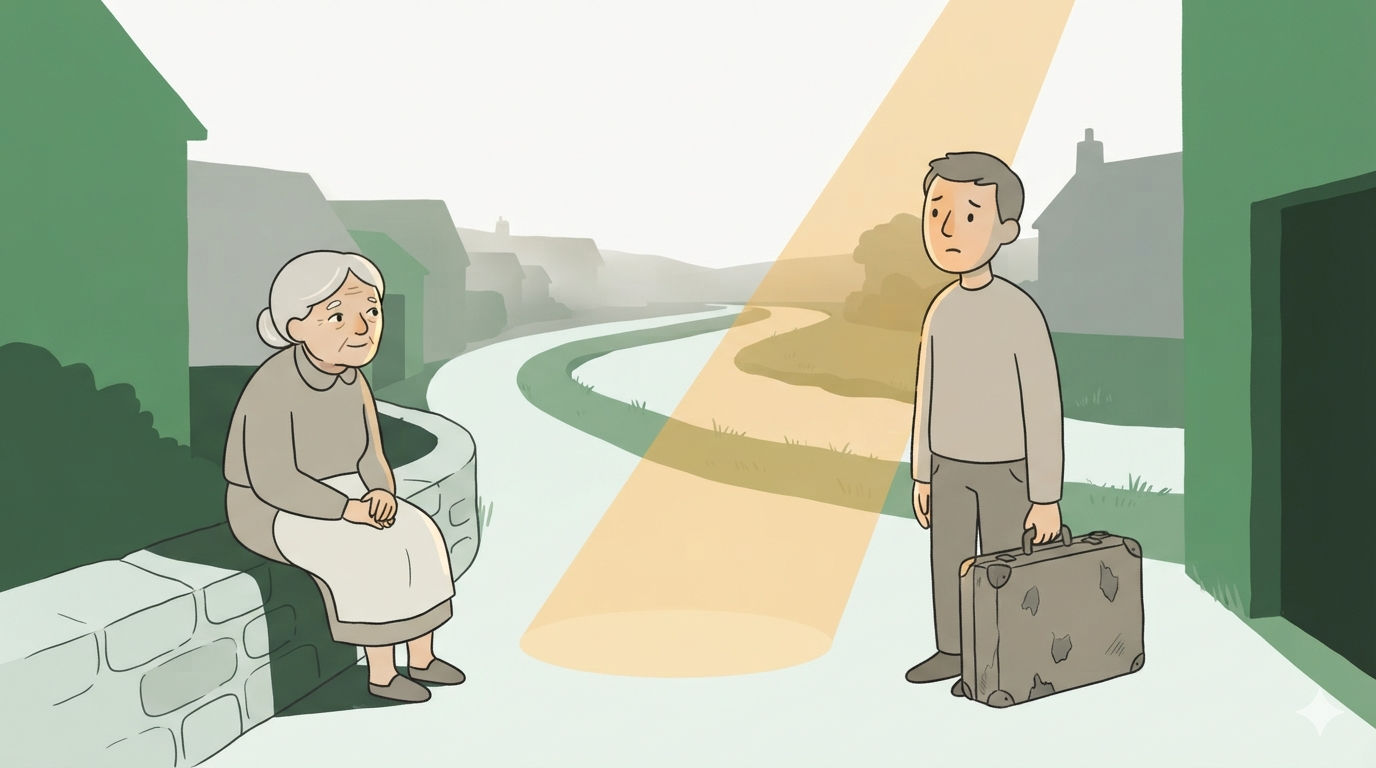 A weary traveler with a worn suitcase stands looking lost on a village lane, an elderly woman watches from a stone wall.