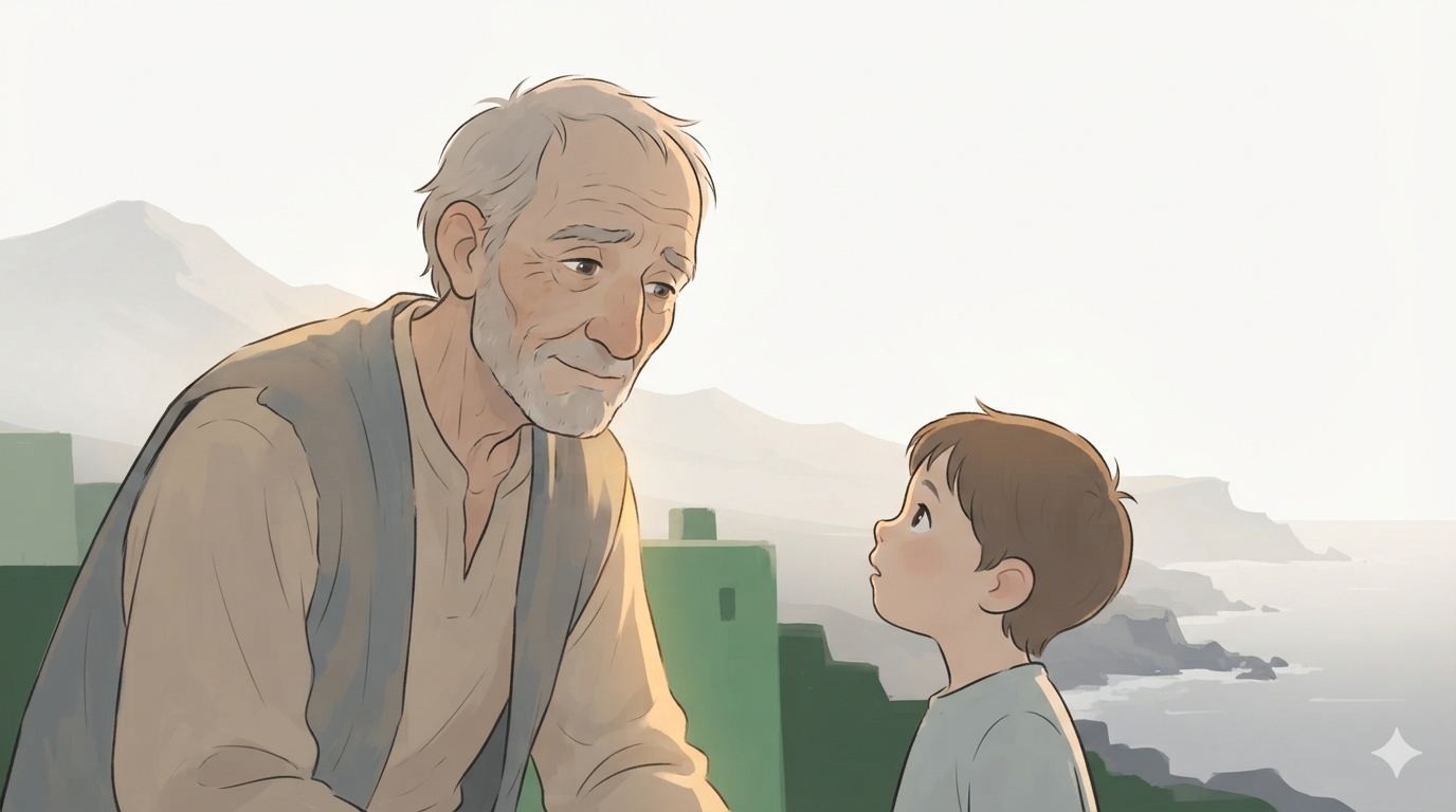An old wanderer leans toward a small child asking him a question, distant mountains and coastline fading behind them.
