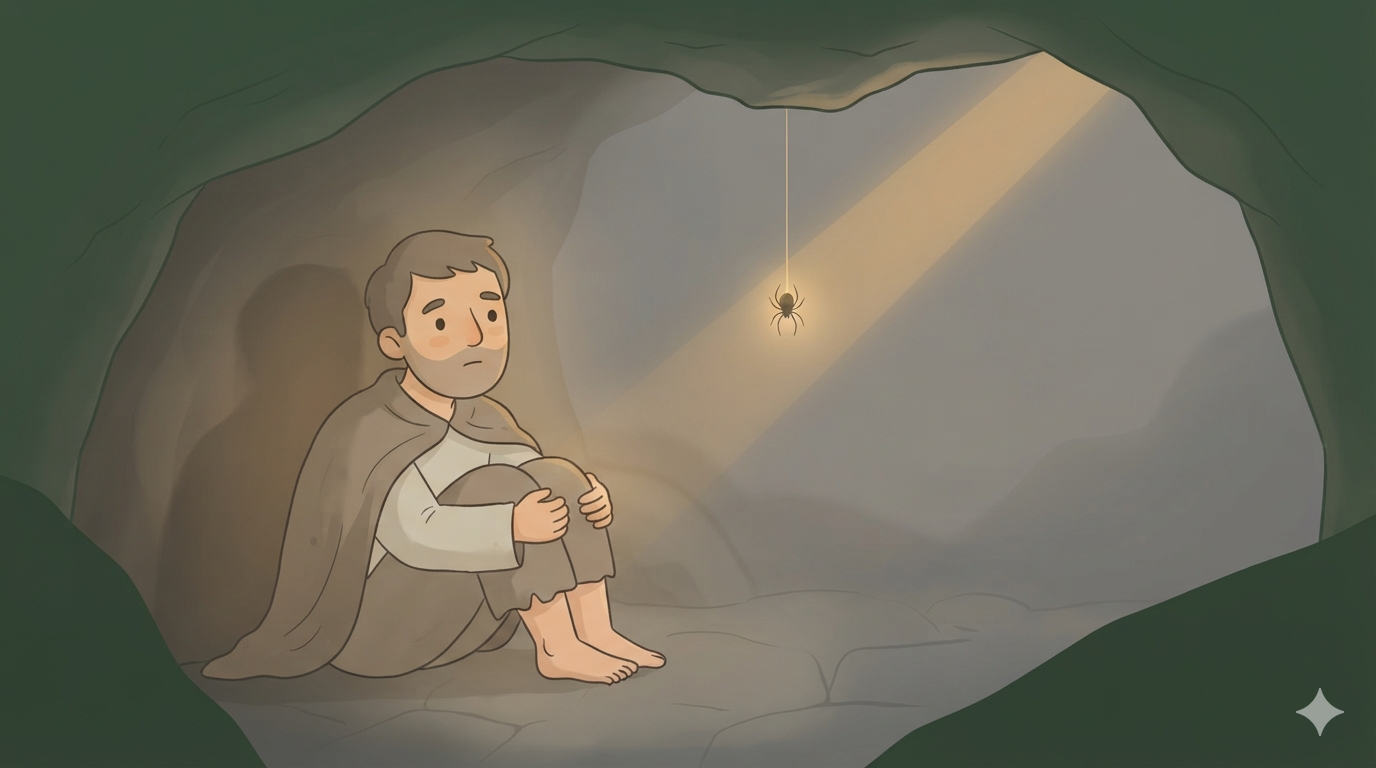 A weary man sits alone in a dim cave watching a spider climb a thread toward the rock ceiling.