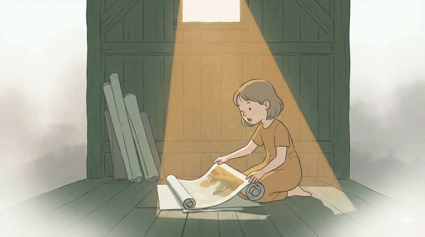 A girl kneels unrolling a large canvas in a shaft of light from a barn's attic window.