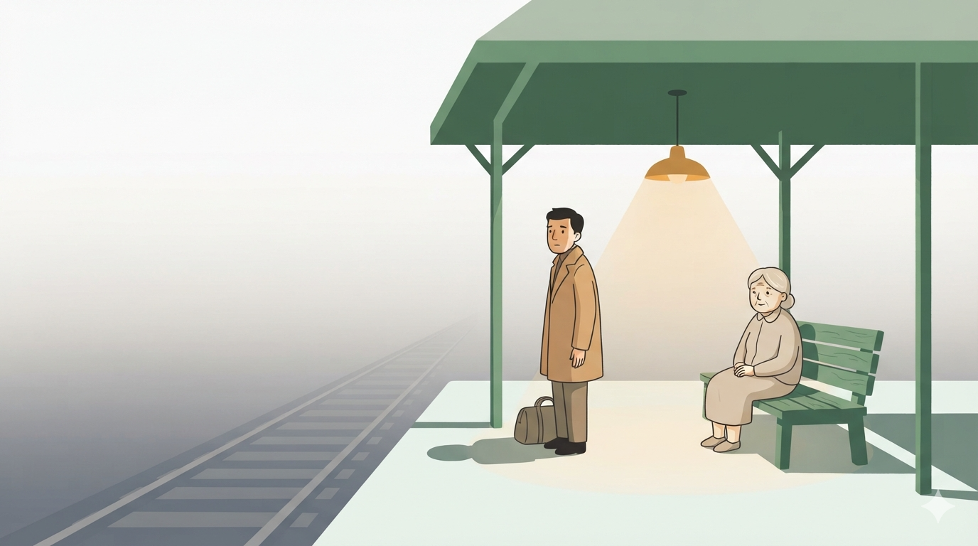 A traveler with a bag looks down empty tracks, an elderly woman sits calmly on a bench behind him.