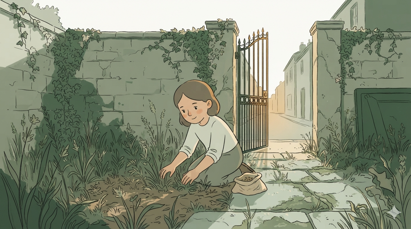 A girl kneels in an overgrown garden behind a stone wall, a bag of seeds beside her, the gate open.